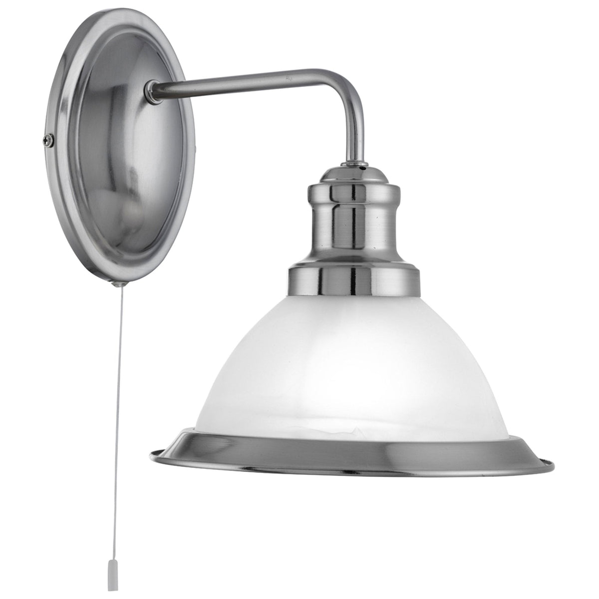 A brushed chrome wall light with a frosted glass dome shade and pull cord switch.