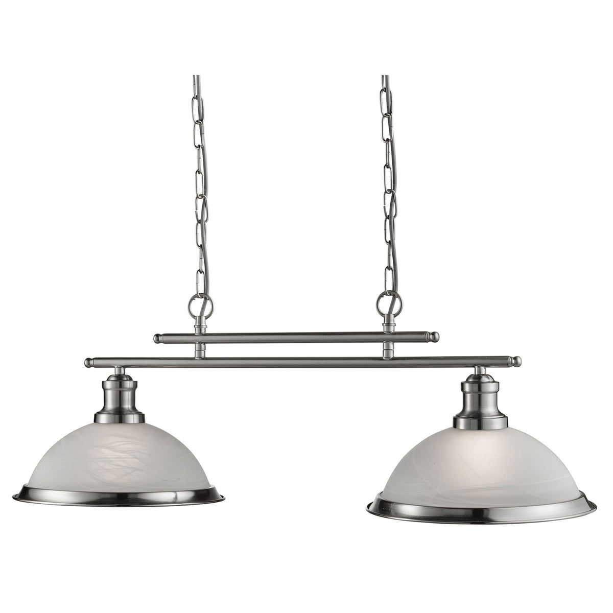 Two-light brushed nickel pendant with white swirled glass shades.