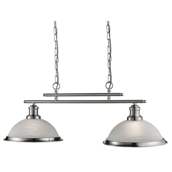 Two-light brushed nickel pendant with white swirled glass shades.