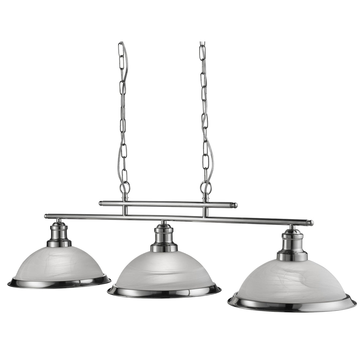 Bistro Satin Silver 3 Light Ceiling Bar Pendant with Acid Glass Shades