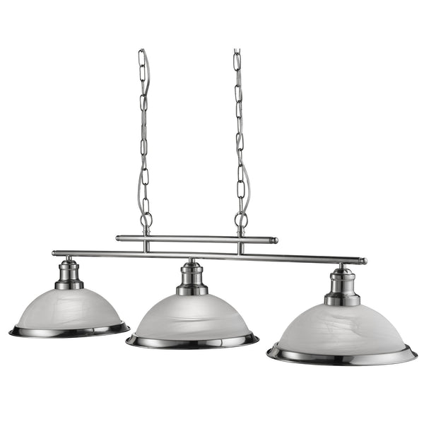 Bistro Satin Silver 3 Light Ceiling Bar Pendant with Acid Glass Shades