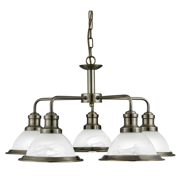 Bistro Antique Brass 5 Light Ceiling Fitting with Acid Glass Shades