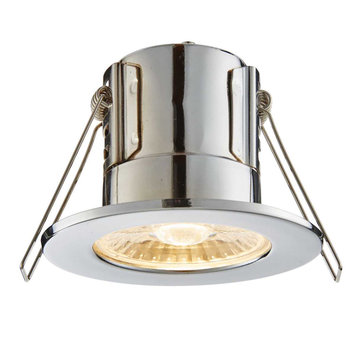 A chrome recessed spotlight with a warm glow, perfect for modern interiors.