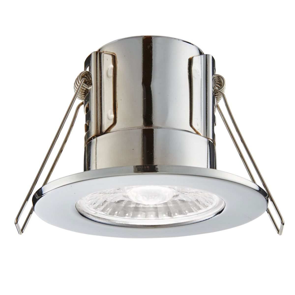 A polished chrome downlight with a bright LED bulb, designed for recessed ceiling installation.