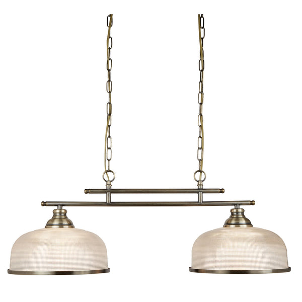 Bistro II 2 Light Linear Pendant In Antique Brass With Holophane Glass Shades