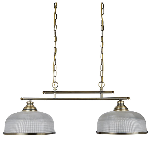 Bistro II 2 Light Linear Pendant In Antique Brass With Holophane Glass Shades
