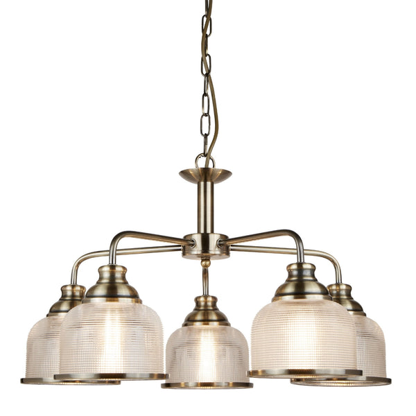 Bistro II 5 Light Pendant In Antique Brass With Holophane Glass Shades