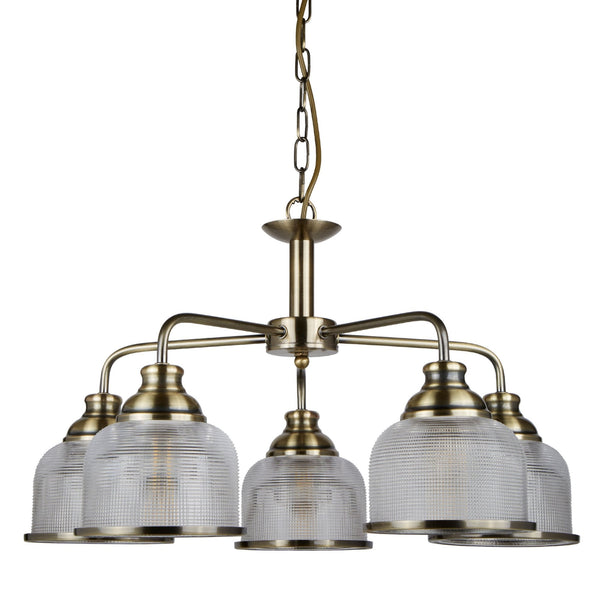 Bistro II 5 Light Pendant In Antique Brass With Holophane Glass Shades