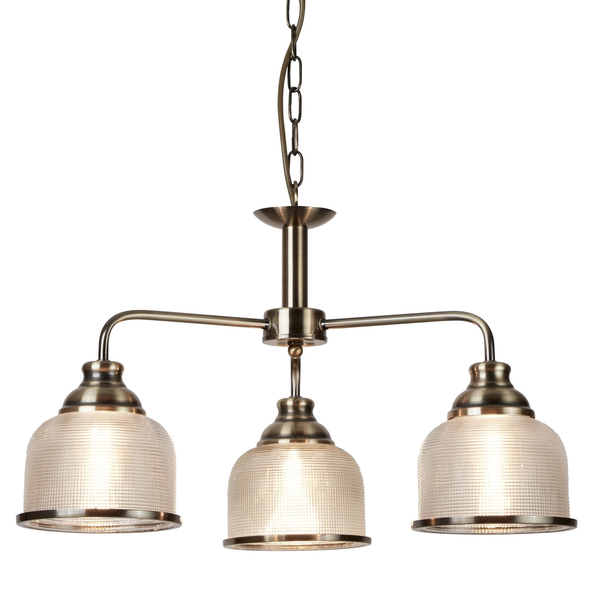 A bronze pendant light with three glass shades.