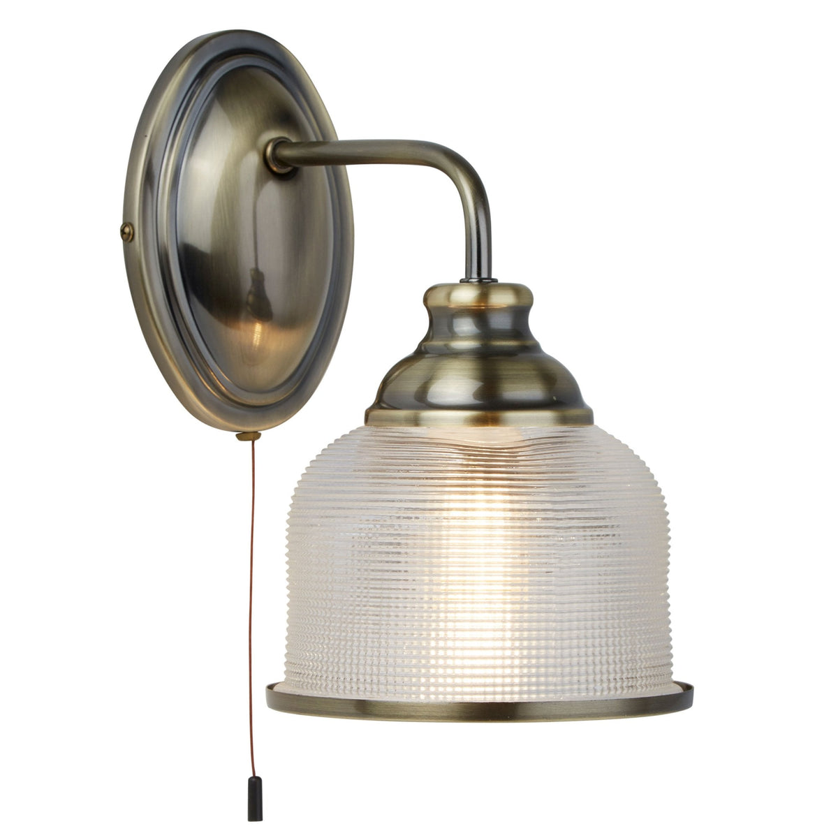 Bistro II Switched Wall Light In Antique Brass With Holophane Glass Shade