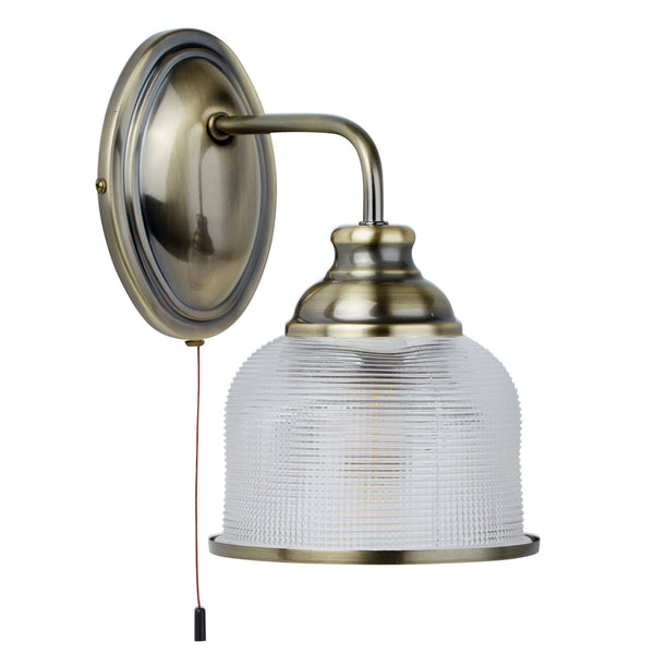 Bistro II Switched Wall Light In Antique Brass With Holophane Glass Shade