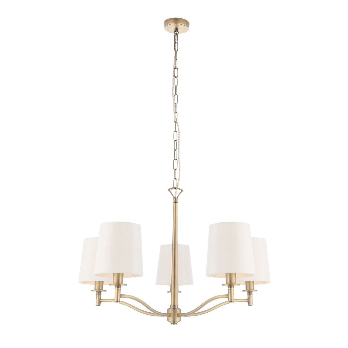 Ortona 5 Arm Pendant in Matt Antique Brass and White Shades