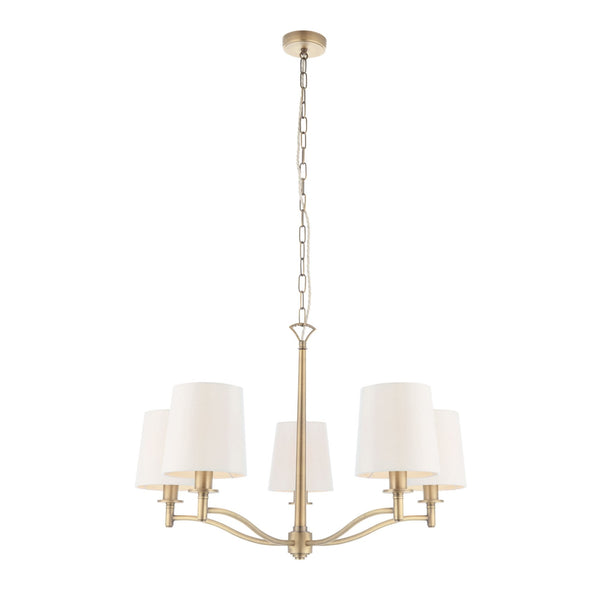 Ortona 5 Arm Pendant in Matt Antique Brass and White Shades