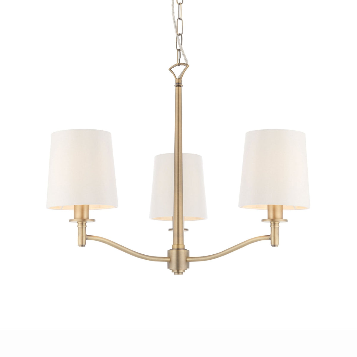 Ortona 3 Arm Pendant in Matt Antique Brass and White Shades