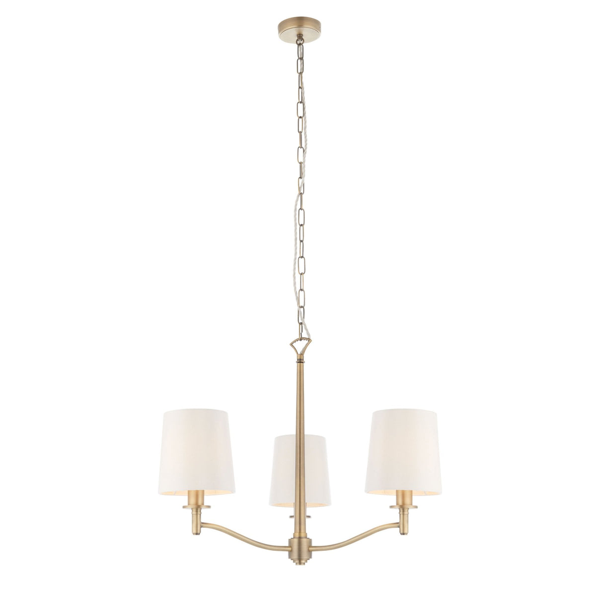 Ortona 3 Arm Pendant in Matt Antique Brass and White Shades