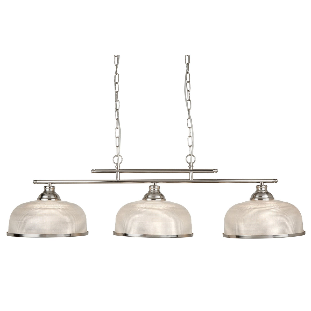 Bistro II 3 Light Linear Pendant In Satin Silver With Holophane Glass Shades