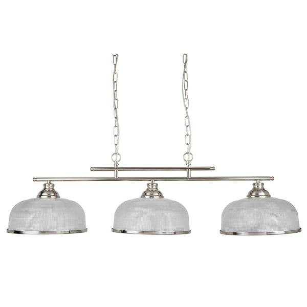 Bistro II 3 Light Linear Pendant In Satin Silver With Holophane Glass Shades