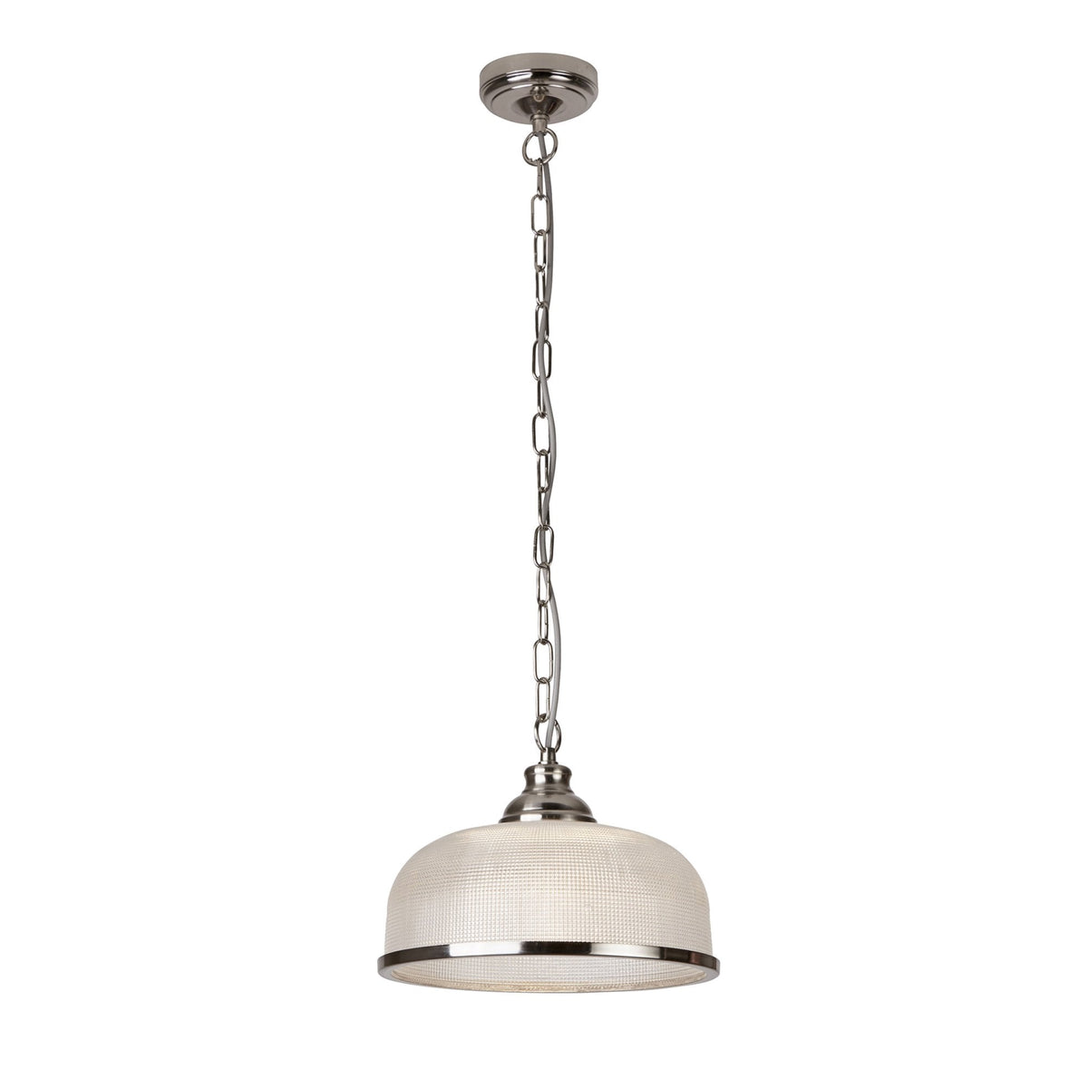 A full view of a pendant light with a textured glass dome and polished chrome chain.
