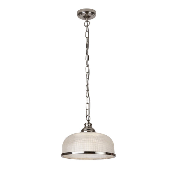 A full view of a pendant light with a textured glass dome and polished chrome chain.