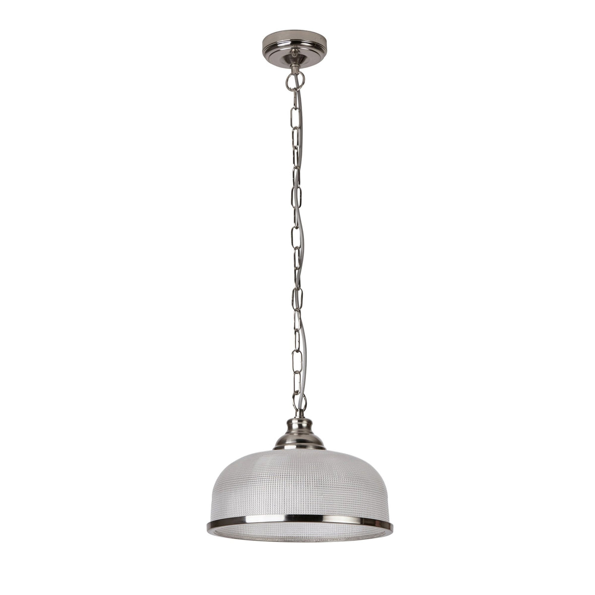 A full view of a pendant light with a textured glass dome and polished chrome chain.