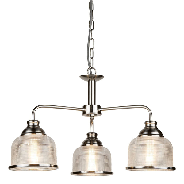 A three-arm chandelier in brushed nickel with clear ribbed glass shades.