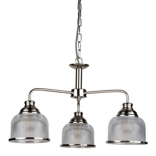 A three-arm chandelier in brushed nickel with clear ribbed glass shades.