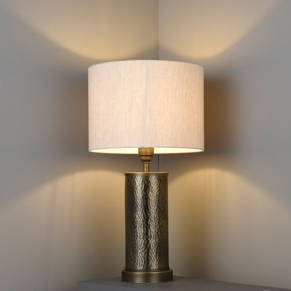 Indara Table Lamp in Hammered Bronze Effect and Linen Shade