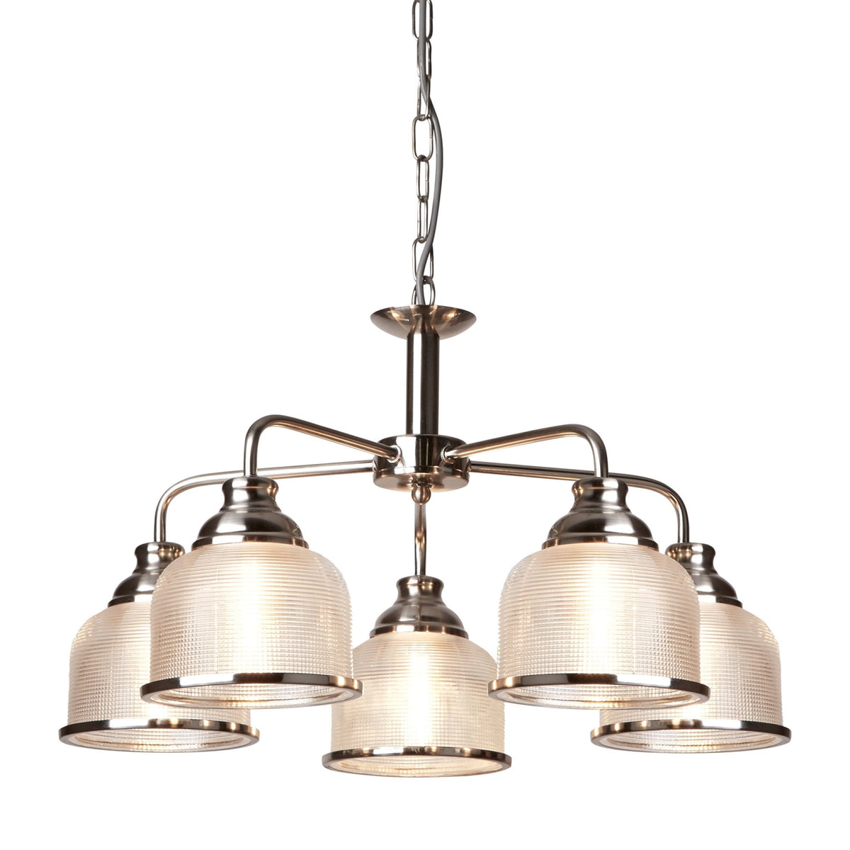 Bistro II 5 Light Pendant In Satin Silver With Holophane Glass Shades