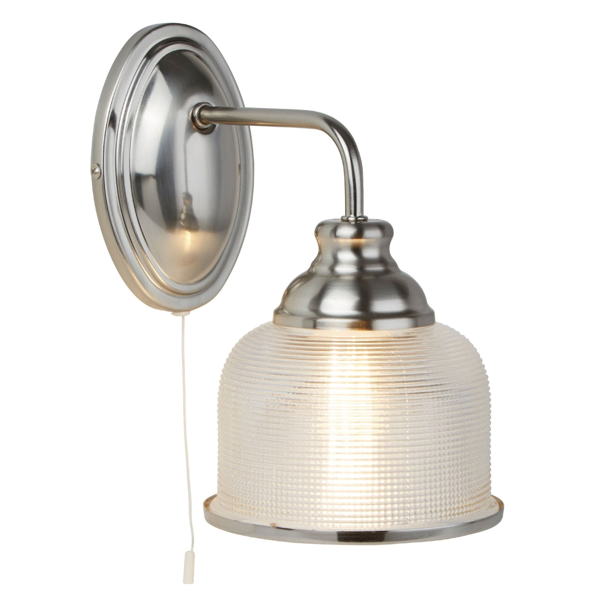Classic brushed chrome wall light with a clear, ridged glass shade and pull cord switch.