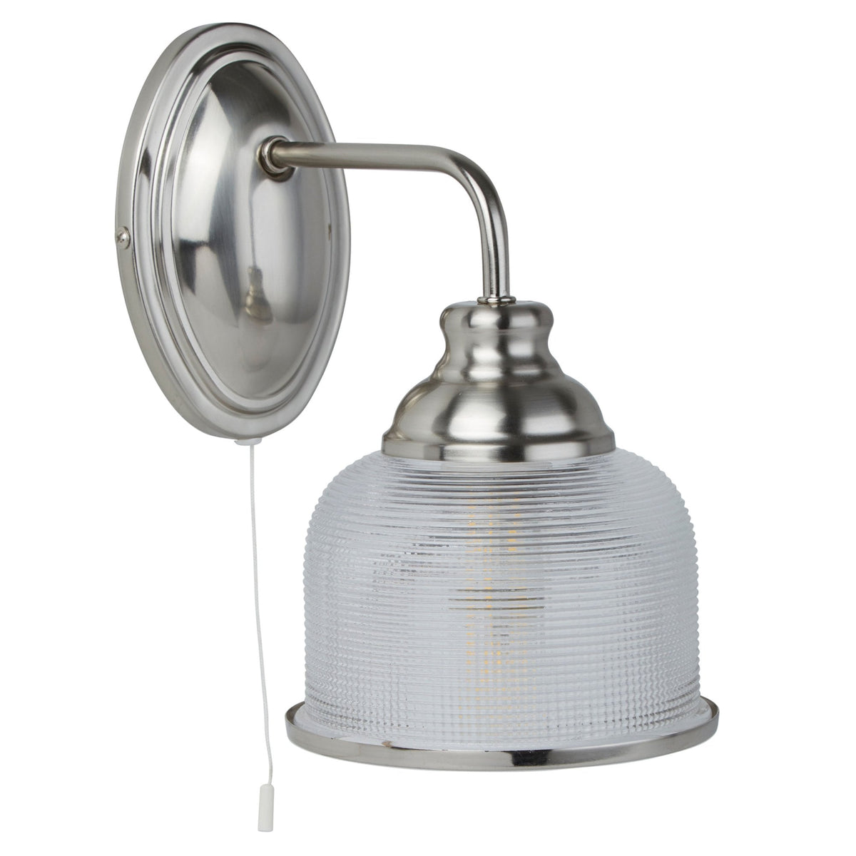Classic brushed chrome wall light with a clear, ridged glass shade and pull cord switch.