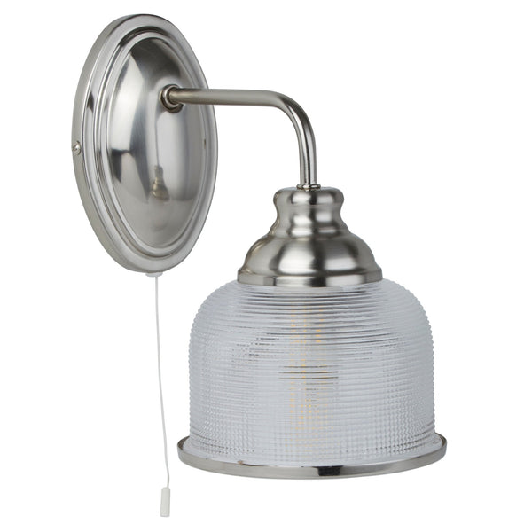 Classic brushed chrome wall light with a clear, ridged glass shade and pull cord switch.