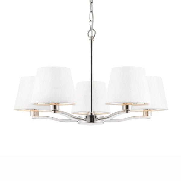 Harvey Five Arm Pendant in Nickel with Vintage White Faux Silk Shades