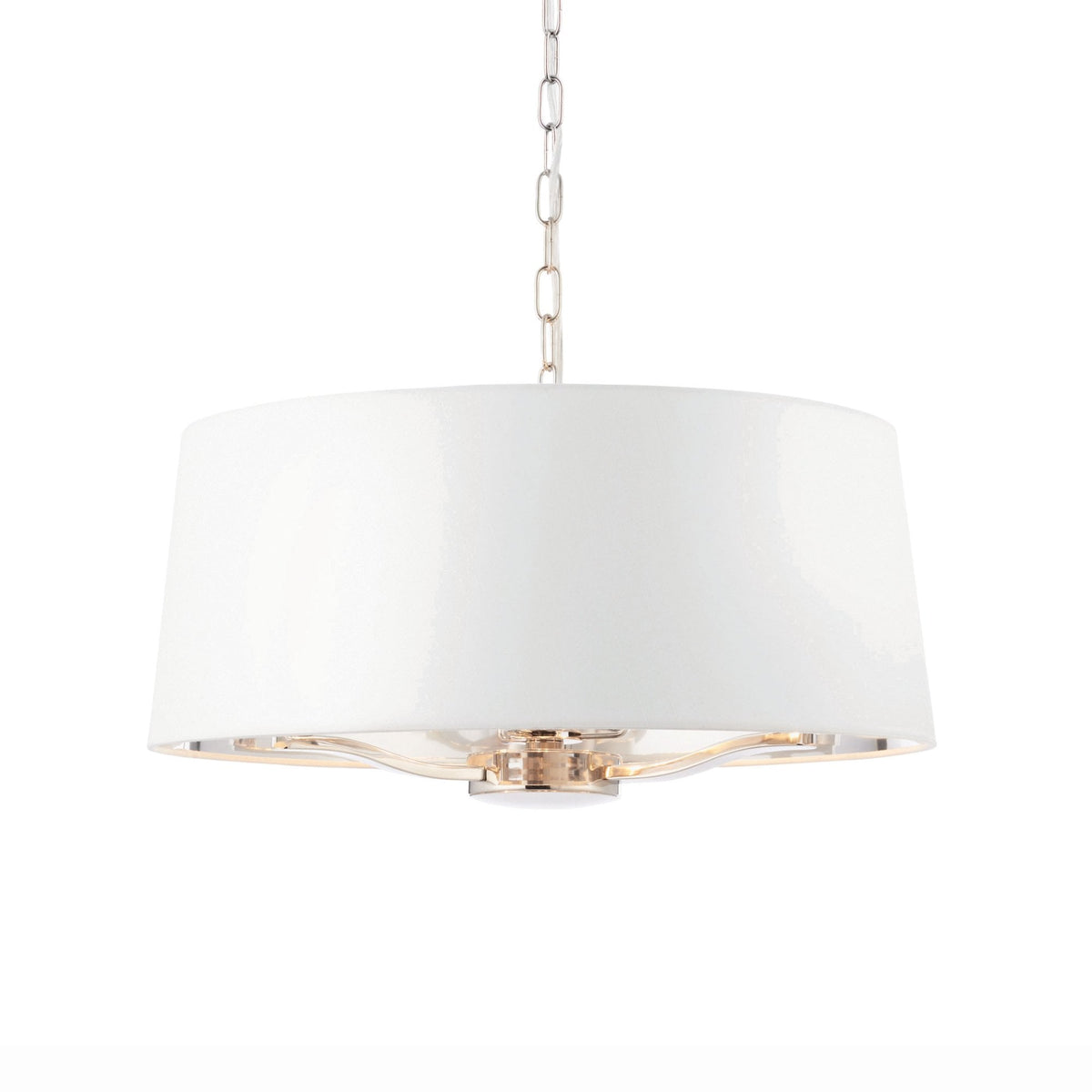 White drum pendant light with polished nickel accents and exposed bulbs, on a white background.