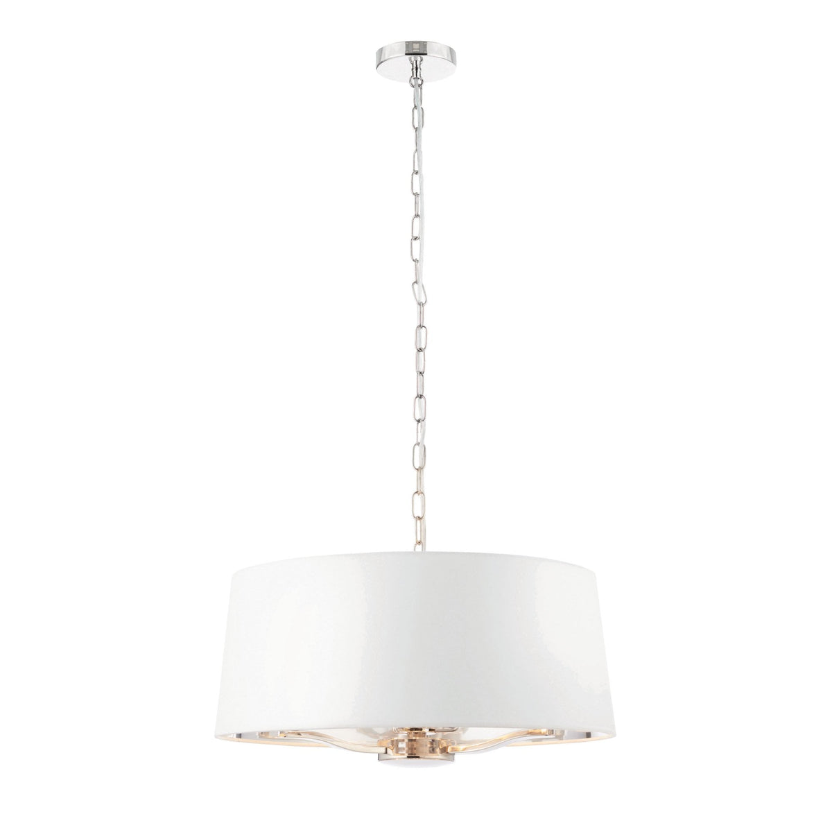 White drum pendant light with polished nickel chain and ceiling rose, on a white background.