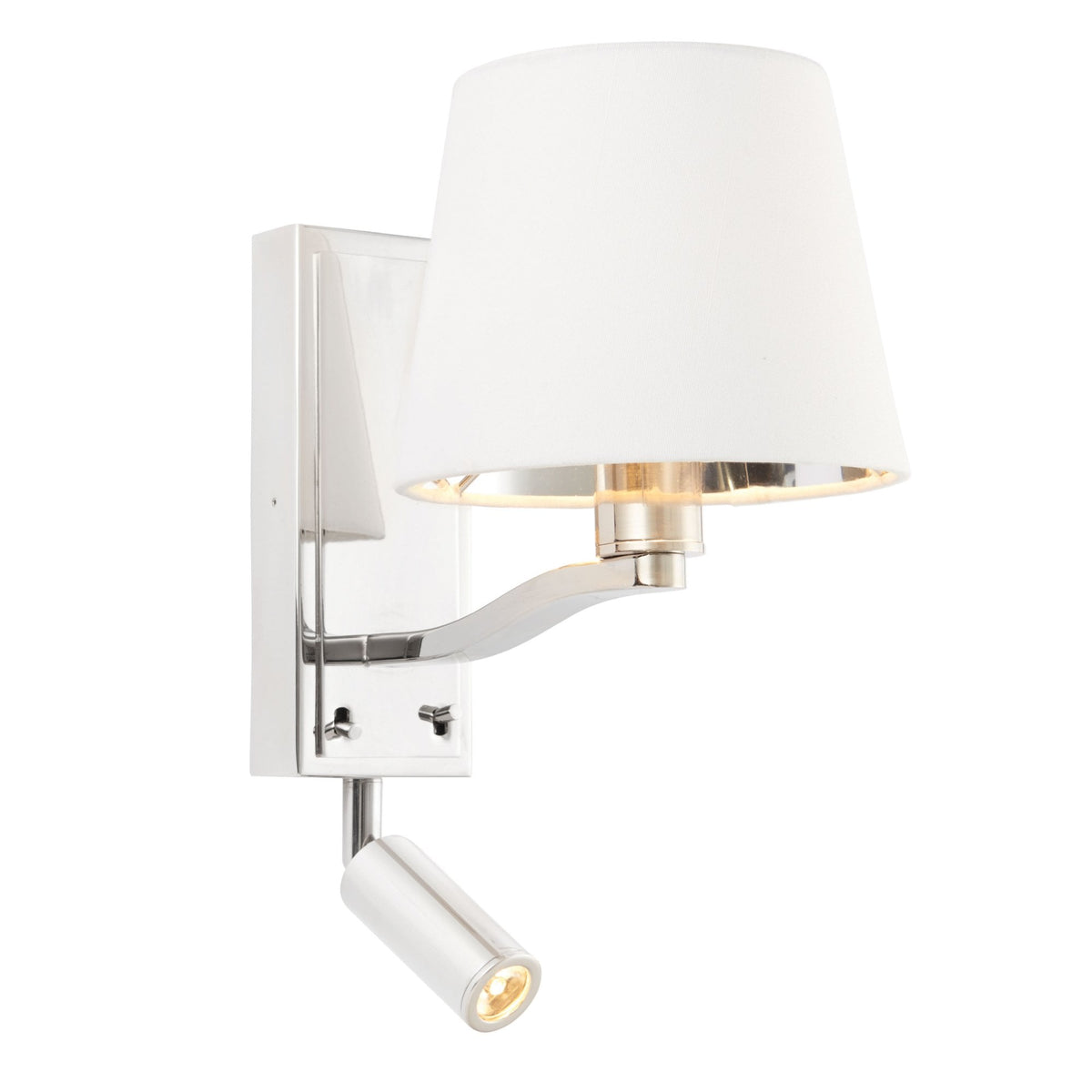 Polished nickel wall light with a white fabric shade and an adjustable reading light on a white background.