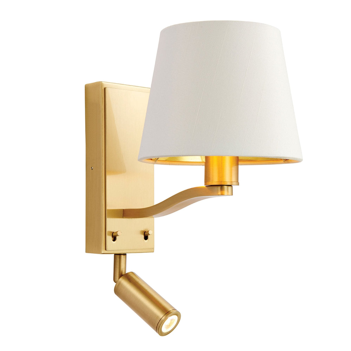 A brass wall light with a white fabric shade and a gold interior, featuring a lower adjustable spotlight, on a white background.
