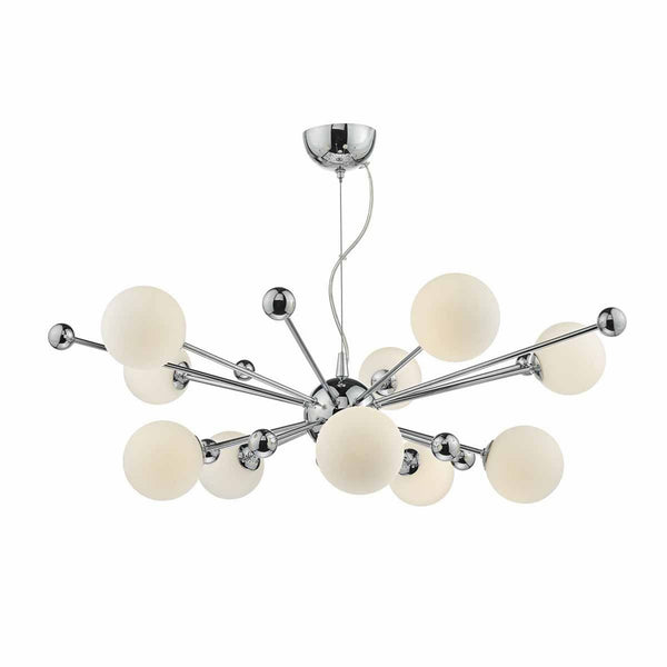 Ursa 10 Light Globe Pendant in Chrome and Opal Glass