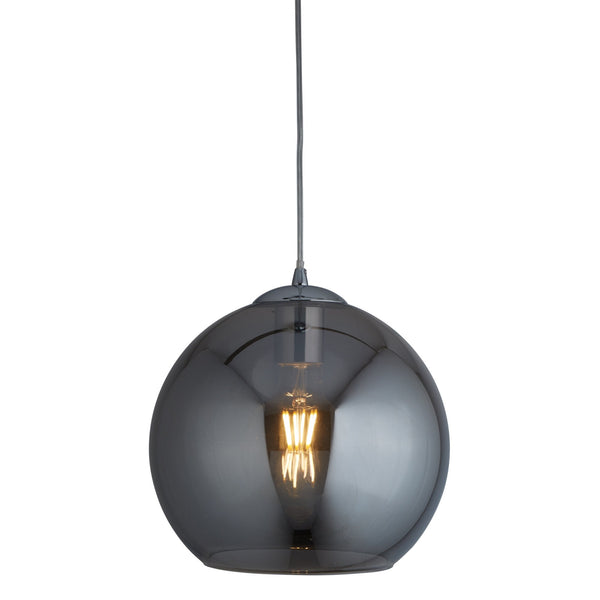A close-up of a smoked glass globe pendant light with a visible filament bulb.