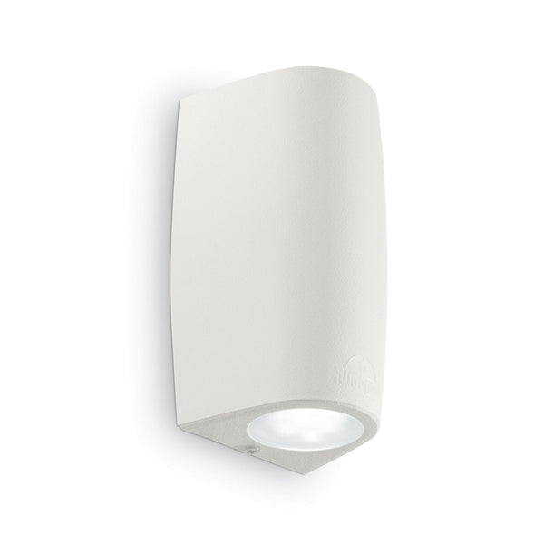 A white curved wall light with a downward-facing beam on a plain white background.