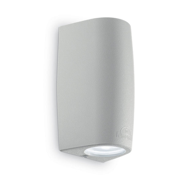 A sleek, grey outdoor wall light with a downward-facing beam, perfect for modern exteriors.
