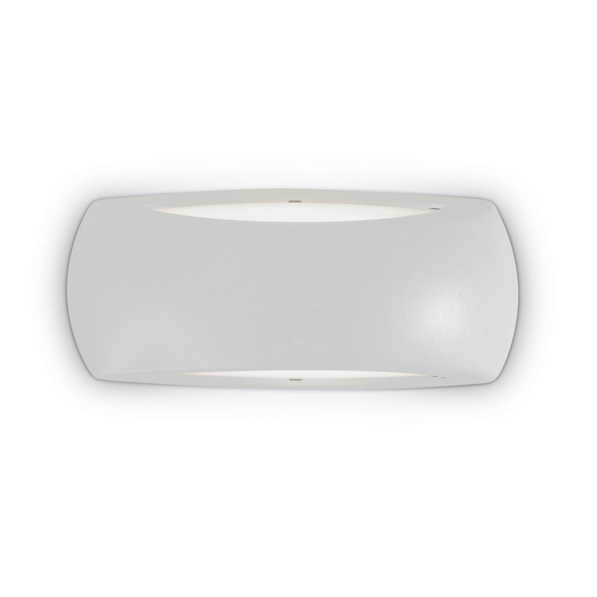 A white, curved, rectangular wall light with illumination from the top and bottom.