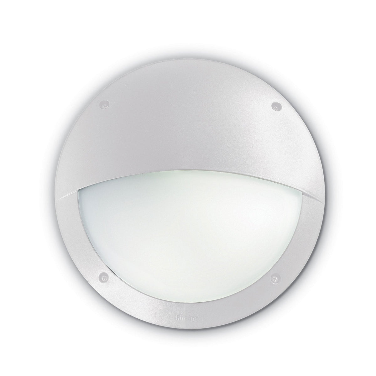 A round, white outdoor wall light with an opaque diffuser on a white background.