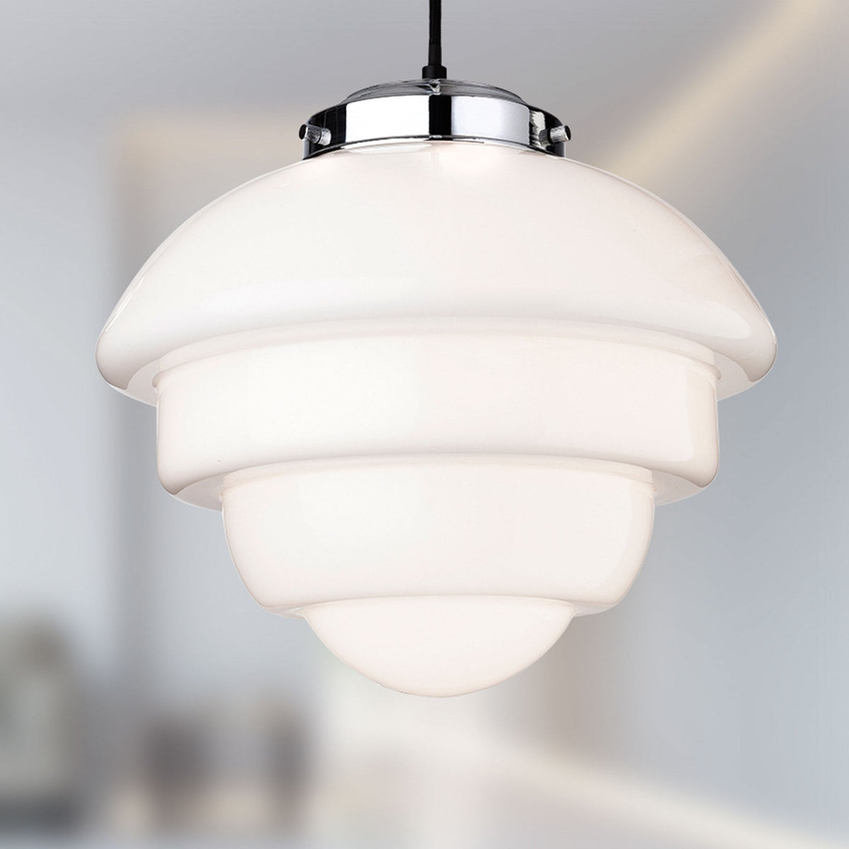 Art Deco Pendant 4947 in Chrome and Opal White Glass