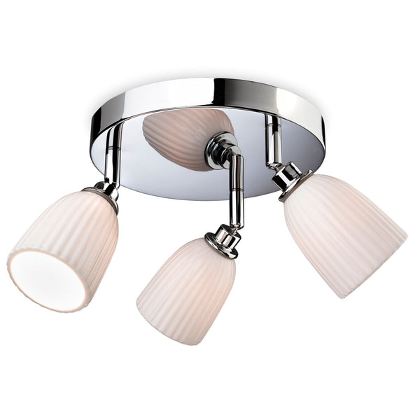 Metro 3 Light Flush with Porcelain Shades and Chrome Plate