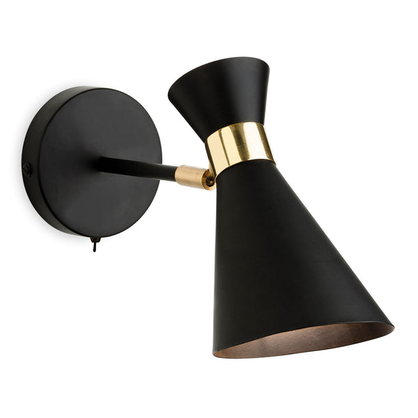 Ohio Single Switched Wall Light In Black with Brass Band