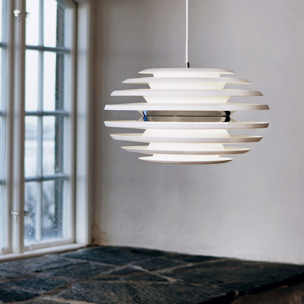 Ellipse 500mm Pendant Light Flat White with Chrome Band