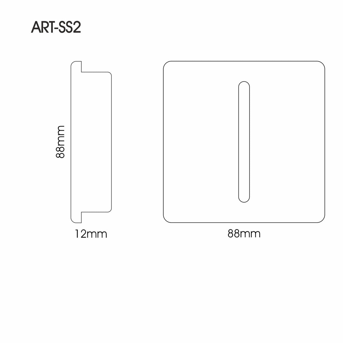 Diagram of the single polished chrome vertical rocker switch showing dimensions.