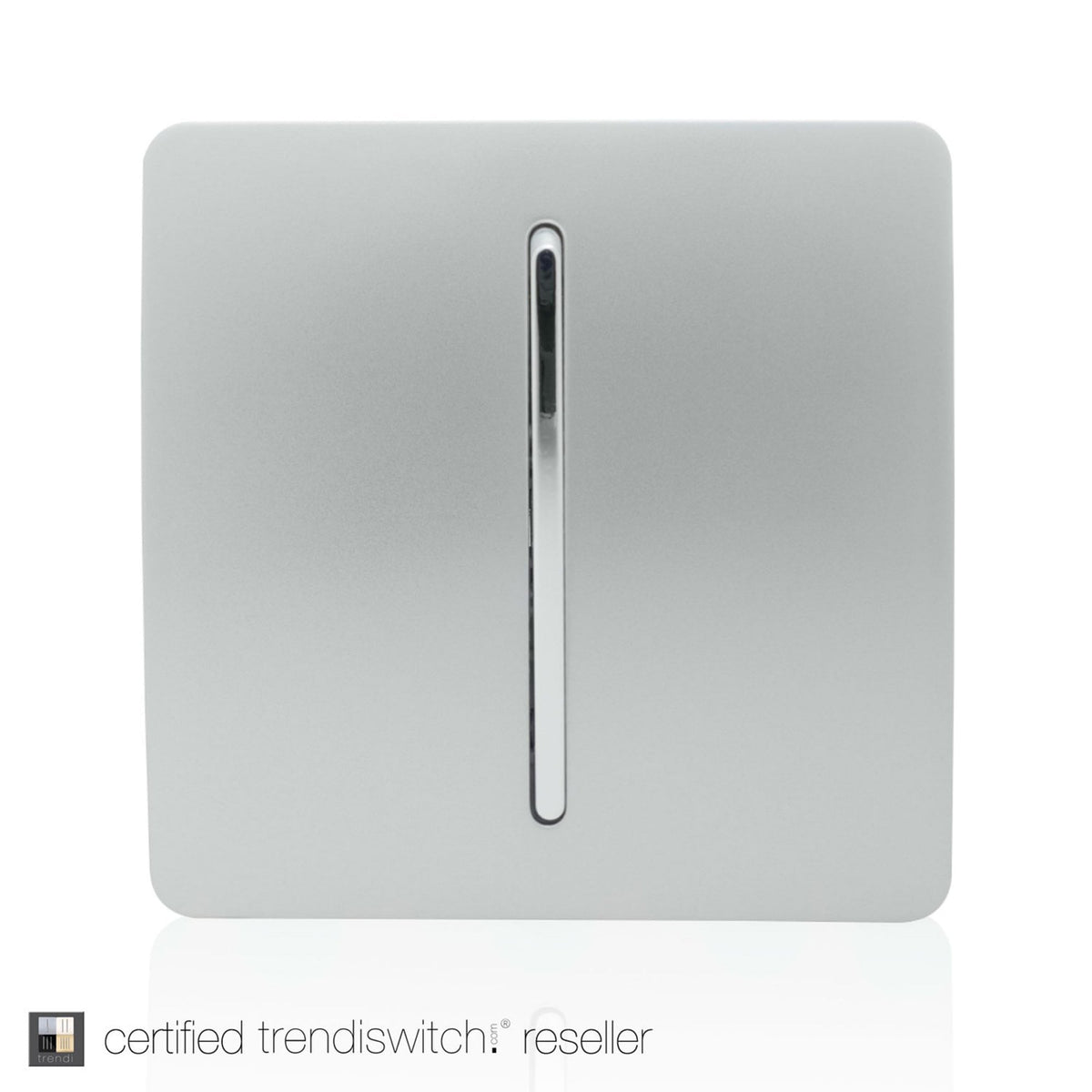 A single polished chrome vertical rocker switch on a white background.