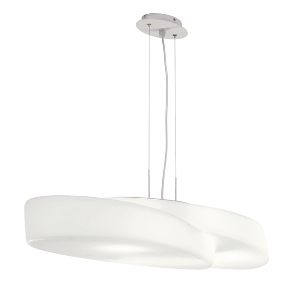 A modern, minimalist white ceiling light with a curved, flowing design, casting a soft glow.