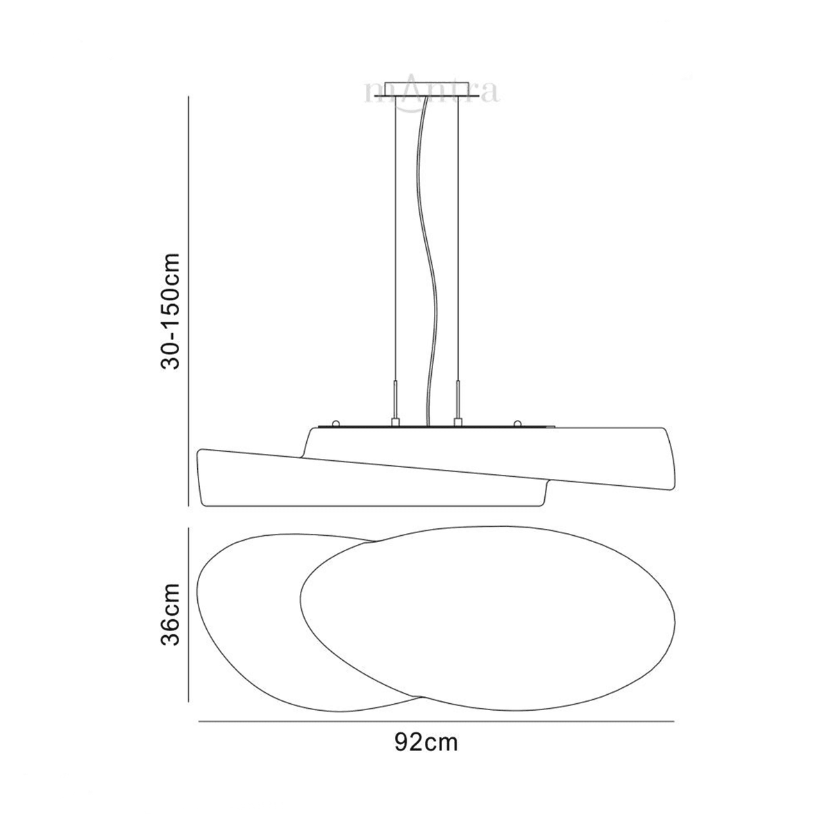 A technical drawing detailing the dimensions of the modern white curved ceiling light.